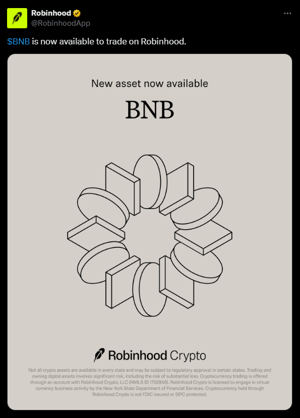 Robinhood Lists BNB in Major U.S. Exchange Policy Shift: The trading platform's listing of Binance's native token, in addition to the planned listing by Coinbase, shows that U.S. regulators are loosening their restrictions on certain assets.