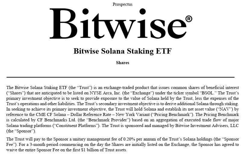 Bitwise Launches First Spot Solana ETP in U.S. BSOL with Innovative Staking Strategy Bitwise Launches First Spot Solana ETP in U.S. BSOL with Innovative Staking Strategy: The BSOL fund begins trading on NYSE with 0% fees initially, aiming to stake 100% of assets to capture Solana's 7% average rewards.