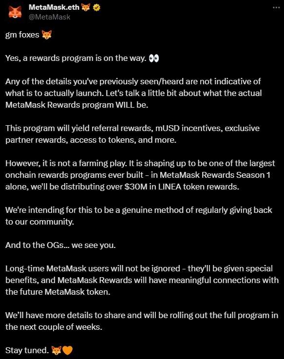 Metamask and Linea Rewards Program: The large rewards program for the Web3 wallet programming, MetaMask, promises LINEA tokens for activities on-chain, although it is criticized for its structure and scheduling. 