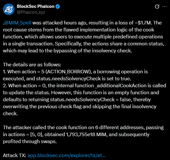 Abracadabra Smart Contract Exploit: A recurring vulnerability in the DeFi protocol's "cook" function allows attackers to bypass solvency checks, marking the platform's third multi-million dollar breach since 2024.