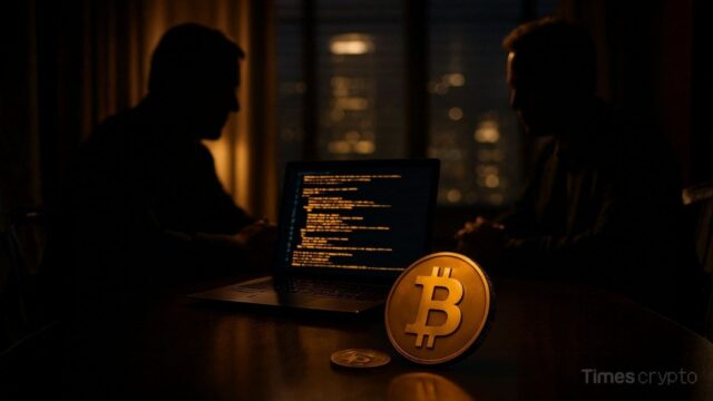 Silhouettes of Jeffrey Epstein and BTC core development team discussing Bitcoin coding at night. Epstein Bitcoin Meetings Reveal Early Crypto Discussions with Bitcoin Core Dev & Powerful Figures