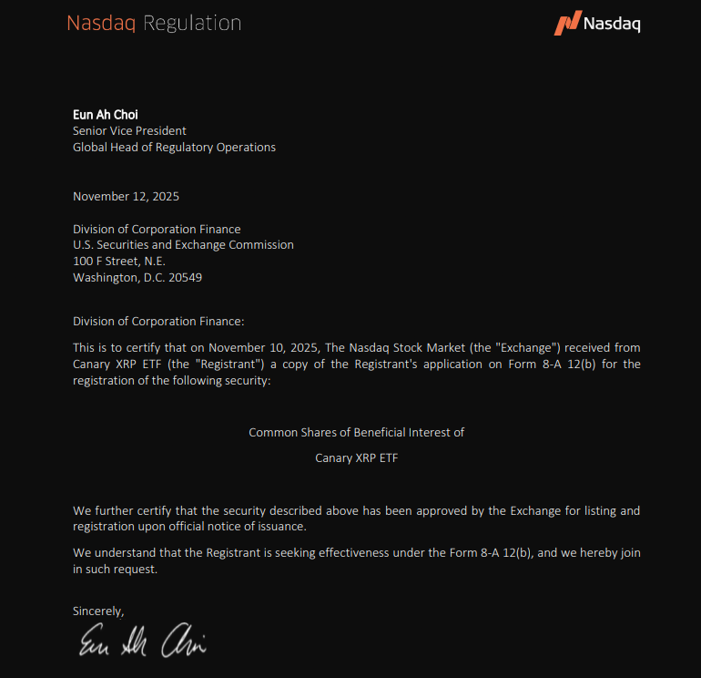 Spot XRP ETF Listing Approved: First U.S. Fund Begins Trading on Nasdaq Nov 13 Spot XRP ETF Listing Approved: First U.S. Fund Begins Trading on Nasdaq Nov 13: Canary Capital's XRPC fund marks a historic milestone for Ripple's token, opening institutional investment channels.