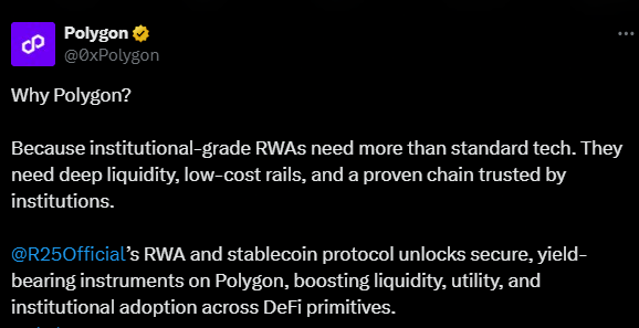 Yield-Bearing rcUSD+ Token Launches on Polygon, Bridging TradFi and DeFi Yield-Bearing rcUSD+ Token Launches on Polygon, Bridging TradFi and DeFi: R25's institutional-grade RWA protocol introduces stablecoin alternative with built-in yield from money market funds.