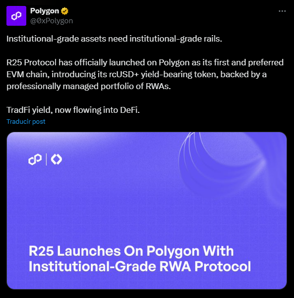 Yield-Bearing rcUSD+ Token Launches on Polygon, Bridging TradFi and DeFi Yield-Bearing rcUSD+ Token Launches on Polygon, Bridging TradFi and DeFi: R25's institutional-grade RWA protocol introduces stablecoin alternative with built-in yield from money market funds.