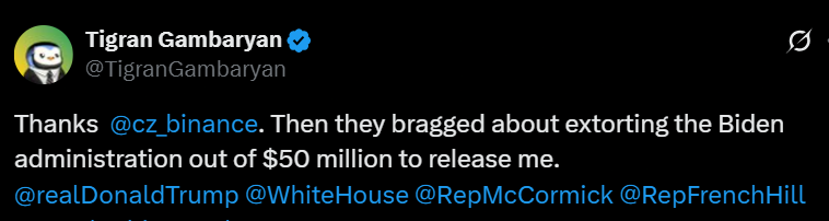 Ex-Binance Exec Tigran Gambaryan Accuses Nigeria Gov of $50M Extortion Ex-Binance Exec Tigran Gambaryan Accuses Nigeria Gov of $50M Extortion: The former compliance head claims Nigerian officials bragged about extracting $50 million from the U.S. government for his release, escalating diplomatic tensions.