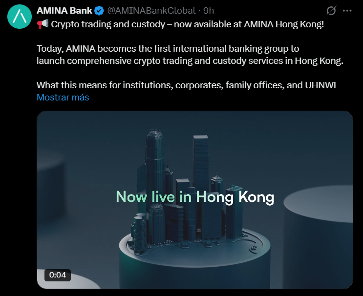 Crypto Bank AMINA Secures Hong Kong License for Institutional Trading Expansion Crypto Bank AMINA Secures Hong Kong License for Institutional Trading Expansion: Swiss-regulated banking group becomes first international firm to offer comprehensive crypto trading and custody services to Hong Kong's professional investors.