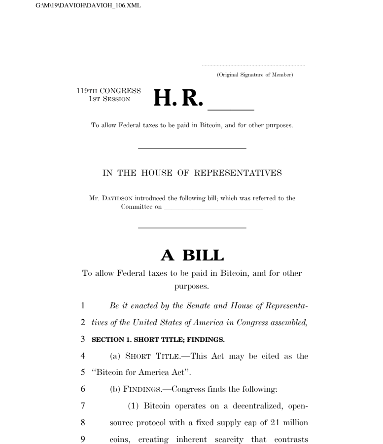Americans to Pay Taxes in Bitcoin Under New Congressional Proposal Americans to Pay Taxes in Bitcoin Under New Congressional Proposal: Rep. Warren Davidson's Bitcoin for America Act would direct cryptocurrency tax payments to build national strategic reserve.