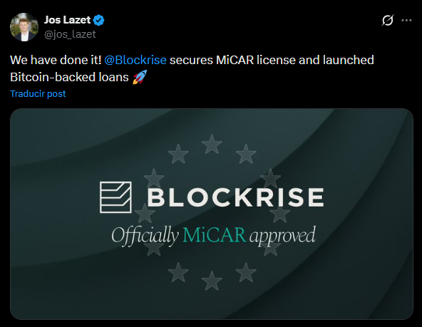Blockrise Secures Coveted MiCA License, Pioneering Regulated Bitcoin Finance in the EU Blockrise Secures Coveted MiCA License, Pioneering Regulated Bitcoin Finance in the EU: The Dutch Bitcoin-only asset manager is now authorized to operate across Europe, immediately launching a novel Bitcoin-backed lending service for businesses.