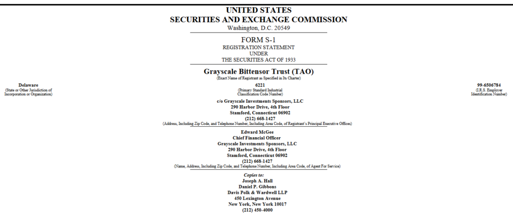 Grayscale Files with SEC for Landmark U.S. Bittensor ETP (GTAO) Grayscale Files with SEC for Landmark U.S. Bittensor ETP (GTAO): The asset manager has submitted an S-1 registration for a Bittensor Trust, seeking to list the first U.S. exchange-traded product for the decentralized AI token TAO.