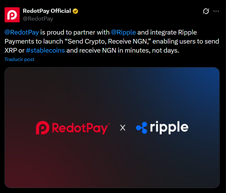 Ripple Payments Powers New Frontier with "Send Crypto, Receive NGN" Service Ripple Payments Powers New Frontier with "Send Crypto, Receive NGN" Service: Fintech firm RedotPay integrates Ripple's cross-border solution to offer near-instant Nigerian naira payouts from crypto, targeting high-cost remittance corridors.
