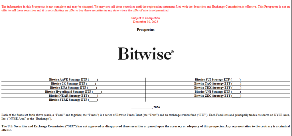 Bitwise ETFs Expansion: Firm Files for 11 New Altcoin Strategy Funds Bitwise ETFs Expansion: Firm Files for 11 New Altcoin Strategy Funds: The asset manager has submitted filings for a suite of hybrid ETFs tracking AAVE, UNI, TAO, TRX, and other major altcoins, signaling a major push into diversified crypto offerings.