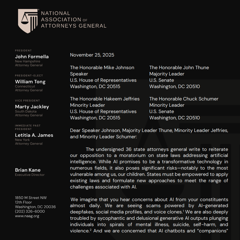 Congress Rejects Federal Override, Preserving State AI Regulations Congress Rejects Federal Override, Preserving State AI Regulations: Lawmakers have removed a controversial provision from the defense bill that would have blocked states from enacting their own laws regulating AI, marking a win for state attorneys general.