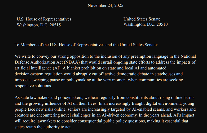 Congress Rejects Federal Override, Preserving State AI Regulations Congress Rejects Federal Override, Preserving State AI Regulations: Lawmakers have removed a controversial provision from the defense bill that would have blocked states from enacting their own laws regulating AI, marking a win for state attorneys general.