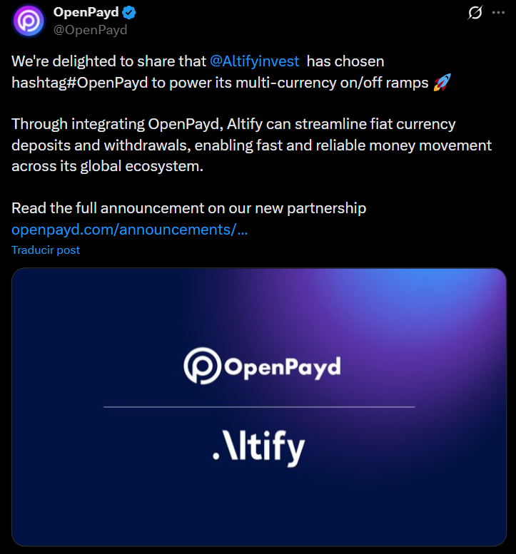 OpenPayd & Altify Partnership Unlocks Seamless Multi-Currency On/Off Ramps for Tokenized Investing OpenPayd & Altify Partnership Unlocks Seamless Multi-Currency On/Off Ramps for Tokenized Investing: OpenPayd and Altify integrate to provide smooth EUR, GBP, and USD deposits and withdrawals for investors in tokenized private markets and digital assets.