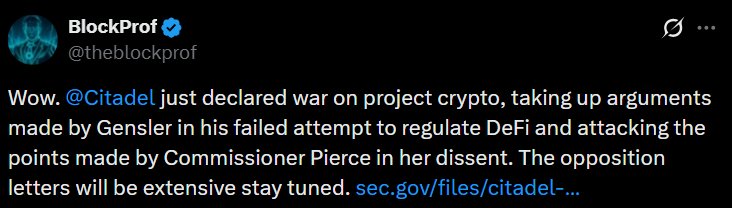Citadel Sparks Outcry by Urging SEC to Clamp Down on DeFi Tokenized Stocks Citadel Sparks Outcry by Urging SEC to Clamp Down on DeFi Tokenized Stocks: The market-making giant argues that DeFi platforms offering tokenized equities should be regulated as exchanges, drawing fierce criticism from the crypto industry.