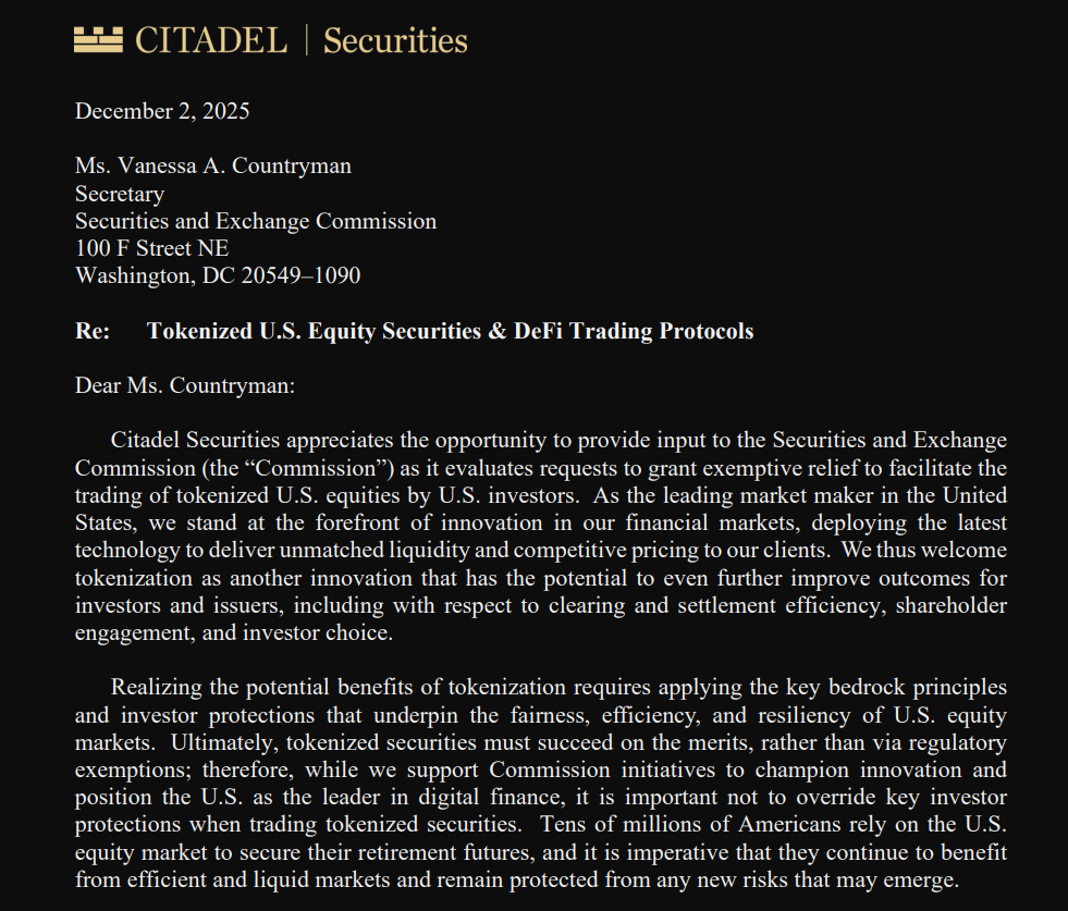 Citadel Sparks Outcry by Urging SEC to Clamp Down on DeFi Tokenized Stocks Citadel Sparks Outcry by Urging SEC to Clamp Down on DeFi Tokenized Stocks: The market-making giant argues that DeFi platforms offering tokenized equities should be regulated as exchanges, drawing fierce criticism from the crypto industry.
