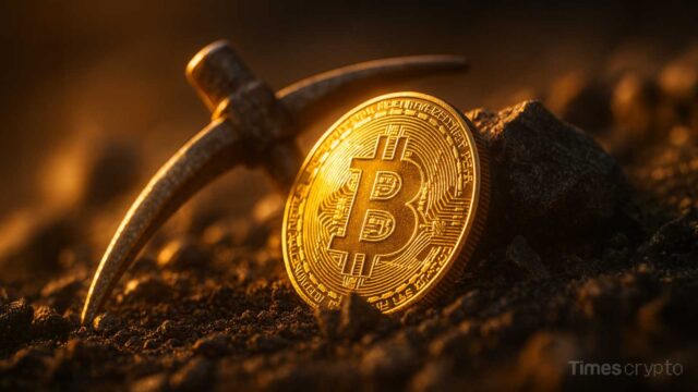 Bitcoin coin with mining pickaxe. Isolated Turkmenistan Legalizes Crypto Mining and Exchanges