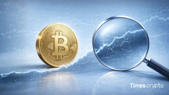 Bitcoin coin with magnifying glass. Crypto Market & TradFi Brace for High Volatility with U.S. Major Announcements