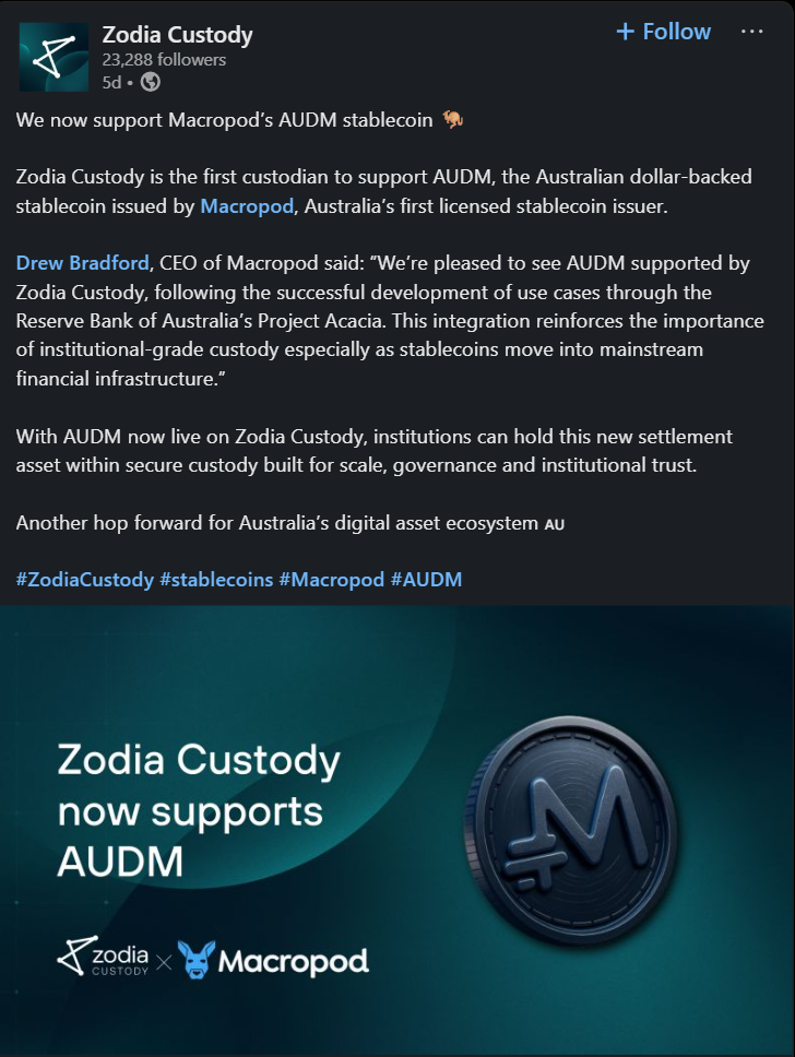 Zodia Custody Adds AUDM Stablecoin, Backs Australia's Digital Dollar Zodia Custody Adds AUDM Stablecoin, Backs Australia's Digital Dollar: The global institution-first custodian becomes the first to support the regulated Australian stablecoin.