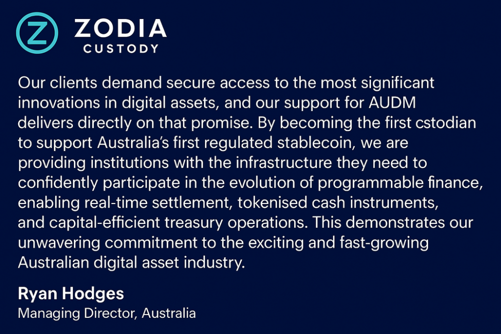 Zodia Custody Adds AUDM Stablecoin, Backs Australia's Digital Dollar Zodia Custody Adds AUDM Stablecoin, Backs Australia's Digital Dollar: The global institution-first custodian becomes the first to support the regulated Australian stablecoin.