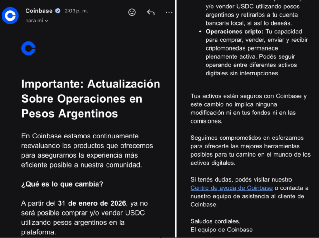 Coinbase Pauses Argentinian Peso Services Just One Year After Launch Coinbase Pauses Argentinian Peso Services Just One Year After Launch: The exchange will halt peso-to-USDC trading and local bank withdrawals by Jan. 31, citing an operational reassessment, while crypto-to-crypto trading remains active.
