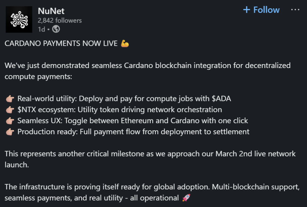 NuNet Launches Cardano Payments for Decentralized Compute Jobs NuNet Launches Cardano Payments for Decentralized Compute Jobs: The multi-chain platform now allows users to deploy and pay for GPU/CPU resources directly with ADA.
