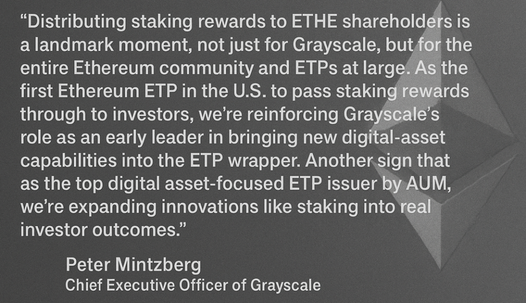 Grayscale Makes History, Pays First Ethereum Staking Rewards to ETF Grayscale Makes History, Pays First Ethereum Staking Rewards to ETF: The asset manager has distributed staking income from its ETHE fund, transforming U.S. Ethereum ETFs from pure price trackers into yield-generating products.
