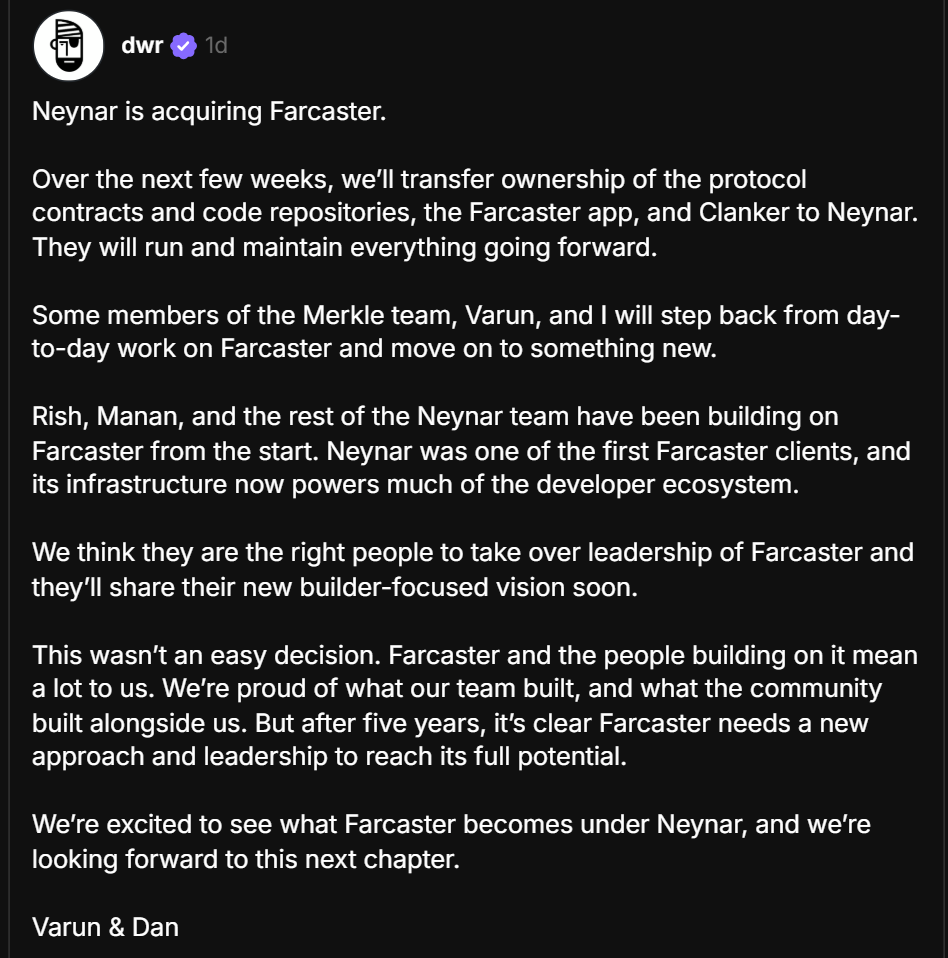 Farcaster Founder Denies Shutdown, $180 Million to Be Refunded Farcaster Founder Denies Shutdown, $180 Million to Be Refunded: Dan Romero clarifies the social protocol continues, while separate entity Merkle will return all investor capital.