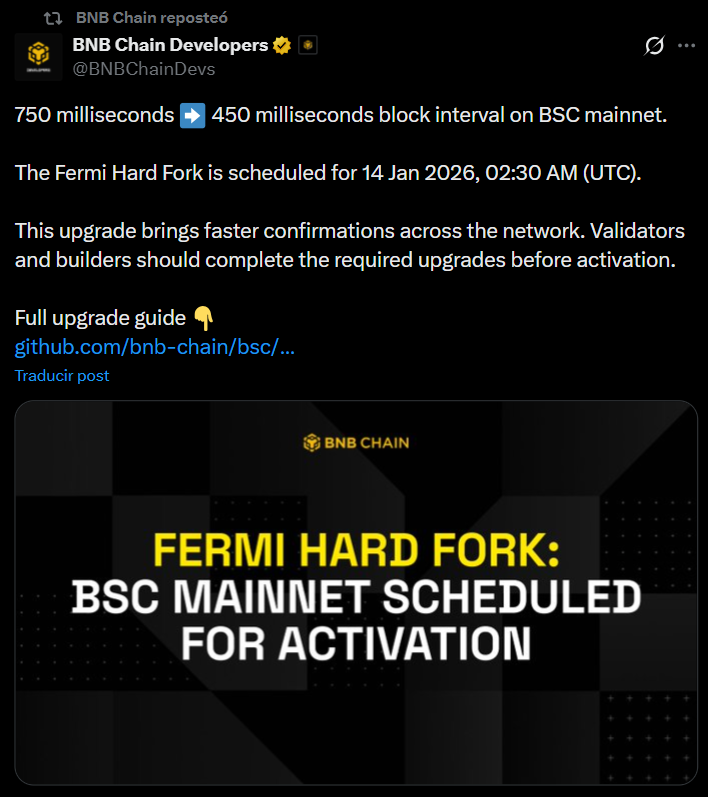 BNB Chain Announces Major Fermi Hard Fork Launch for January 14, 2026 BNB Chain Announces Major Fermi Hard Fork Launch for January 14, 2026: The upgrade will slash block times to 450 milliseconds, targeting a significant performance boost for high-frequency DeFi and real-time applications on the network.