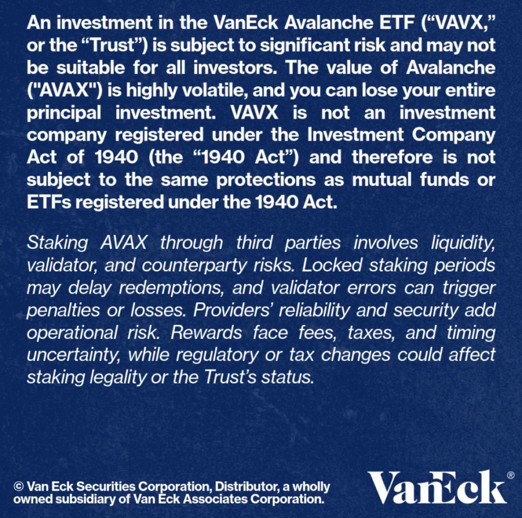 VanEck Launches First U.S.-Listed Avalanche ETF: VAVX VanEck Launches First U.S.-Listed Avalanche ETF: VAVX: The investment giant introduces a spot ETF for AVAX, waiving fees for the first $500 million in assets.