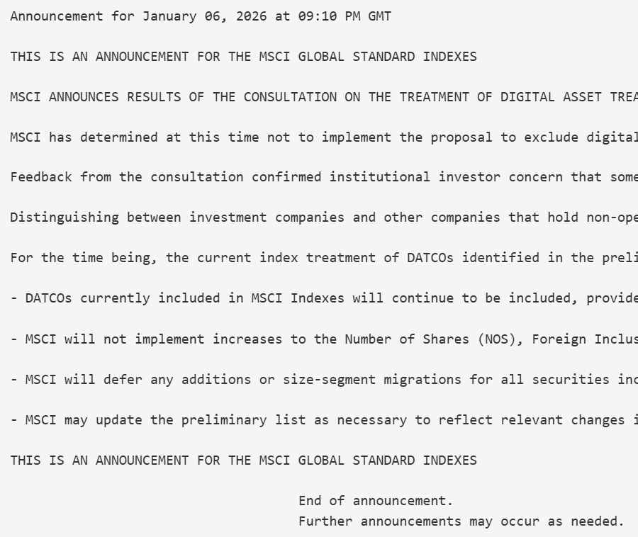 MSCI Decides to NOT Exclude Bitcoin Treasury Firms, MSTR Surges 6% MSCI Decides to NOT Exclude Bitcoin Treasury Firms, MSTR Surges 6%: In a major win for Michael Saylor’s firm, the global index provider will not remove digital asset treasury companies from its benchmarks, prompting a stock rally.
