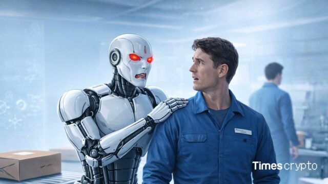 AI Robot interacting with a human worker. CZ: Buy Crypto as AI Will Make Traditional Jobs Obsolete