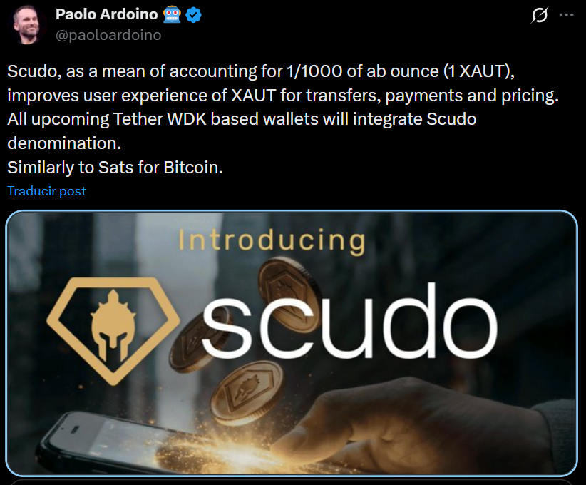 Tether Launches 'Scudo' Unit to Simplify Gold Token Payments Tether Launches 'Scudo' Unit to Simplify Gold Token Payments: The stablecoin issuer introduces a new fractional unit for its Tether Gold (XAUT) token, aiming to make on-chain gold more practical for everyday transactions.