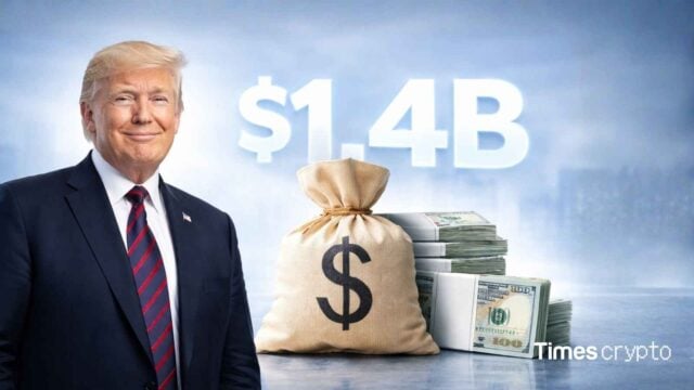 Donald Trump and $1.4 billion with money bag. Trump Crypto Net Worth Surges $1.4 Billion, Fueled by Digital Ventures