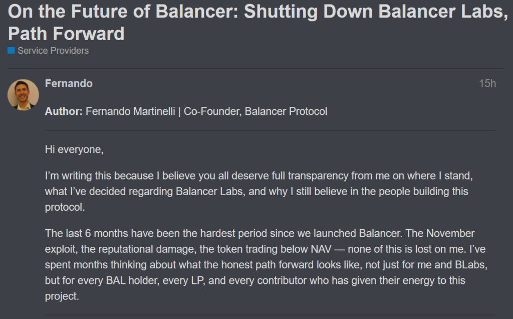 Balancer Labs Shuts Down After $110 Million Exploit, Pivots to DAO-Only Model Balancer Labs Shuts Down After $110 Million Exploit, Pivots to DAO-Only Model: The founding entity winds down as protocol shifts to lean operations with zero BAL emissions and a restructured treasury.