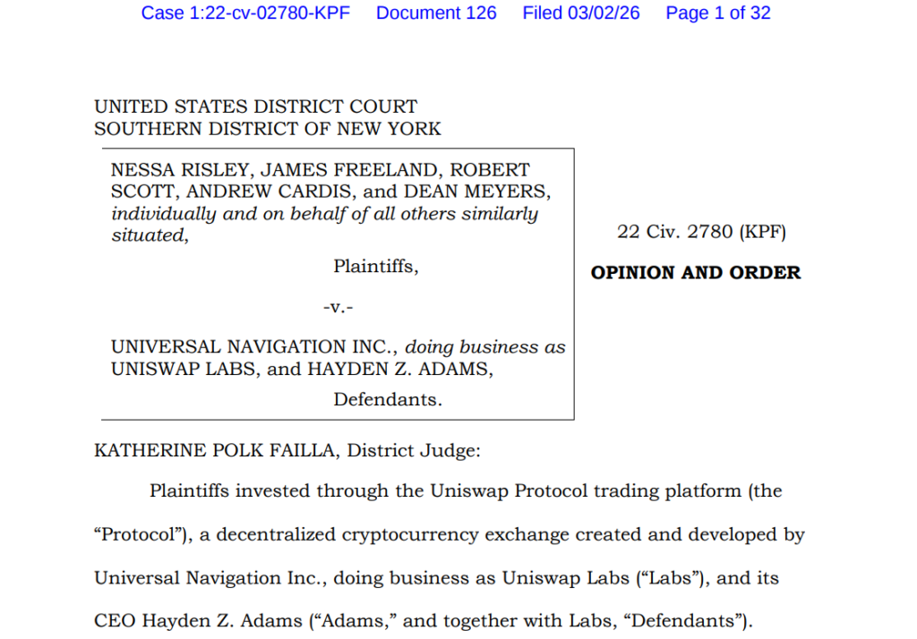 Uniswap Wins Full Dismissal in Landmark DeFi Lawsuit, UNI Jumps 6% Uniswap Wins Full Dismissal in Landmark DeFi Lawsuit, UNI Jumps 6%: Federal judge rules developers cannot be held liable for third-party misuse of open-source code.