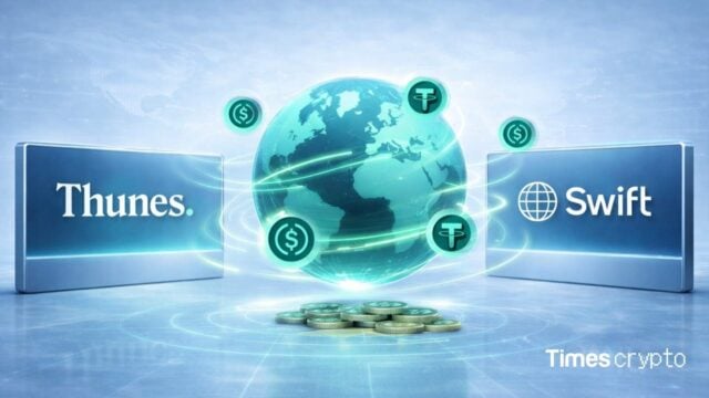 Thunes and SWIFT logos with an interconnected stablecoin globe. Thunes Brings Stablecoin Payouts to 11,500 Banks via SWIFT