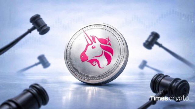 UNI Token with gavel backdrop. Uniswap Wins Full Dismissal in Landmark DeFi Lawsuit, UNI Jumps 6%