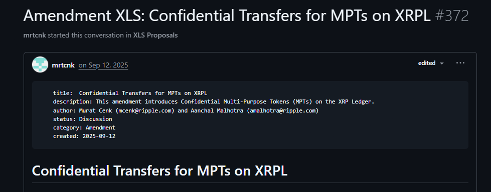 Privacy Is Coming: XRPL Proposal Enables Confidential Transfers for MPTs Privacy Is Coming: XRPL Proposal Enables Confidential Transfers for MPTs: Amendment XLS introduces encrypted balances and ZK-proofs, unlocking institutional-grade privacy on the XRP Ledger.