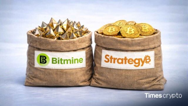 Bags of crypto (Ethereum and Bitcoin), with Bitmine and strategy logos. Strategy & Bitmine Dominate Corporate Crypto Treasuries, Holding 815K BTC & 5 Million ETH