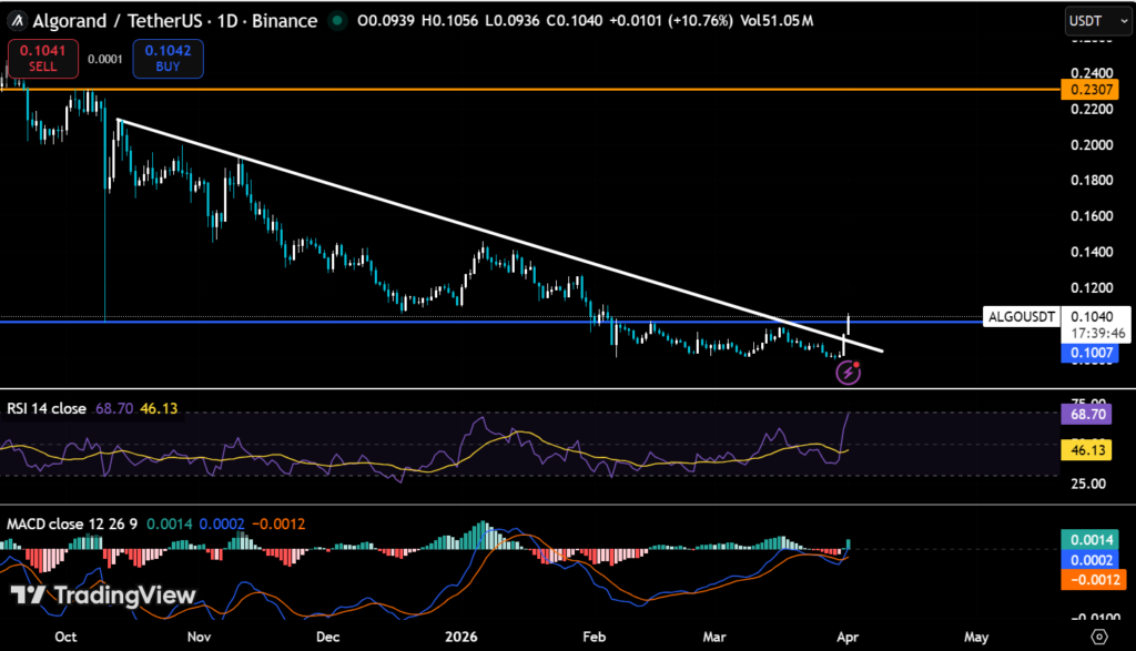 Algorand Breaks 6 Month Downtrend as Price Hits $0.104 with 3x Volume Spike 2 image
