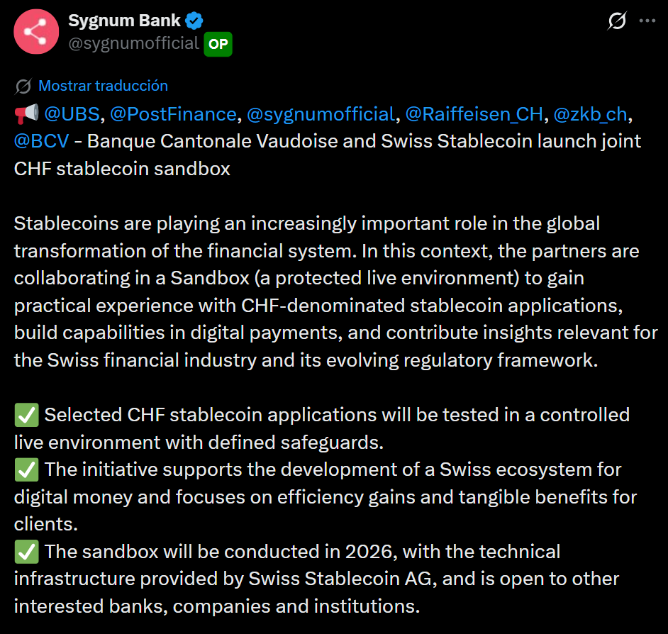 Swiss Banks Test Swiss Franc Stablecoin Use Cases UBS and Five Major Swiss Banks Join Forces to Test Swiss Franc Stablecoin Use Cases: The consortium launches a regulatory sandbox to explore blockchain applications for CHF, aiming to strengthen Switzerland's digital money ecosystem.