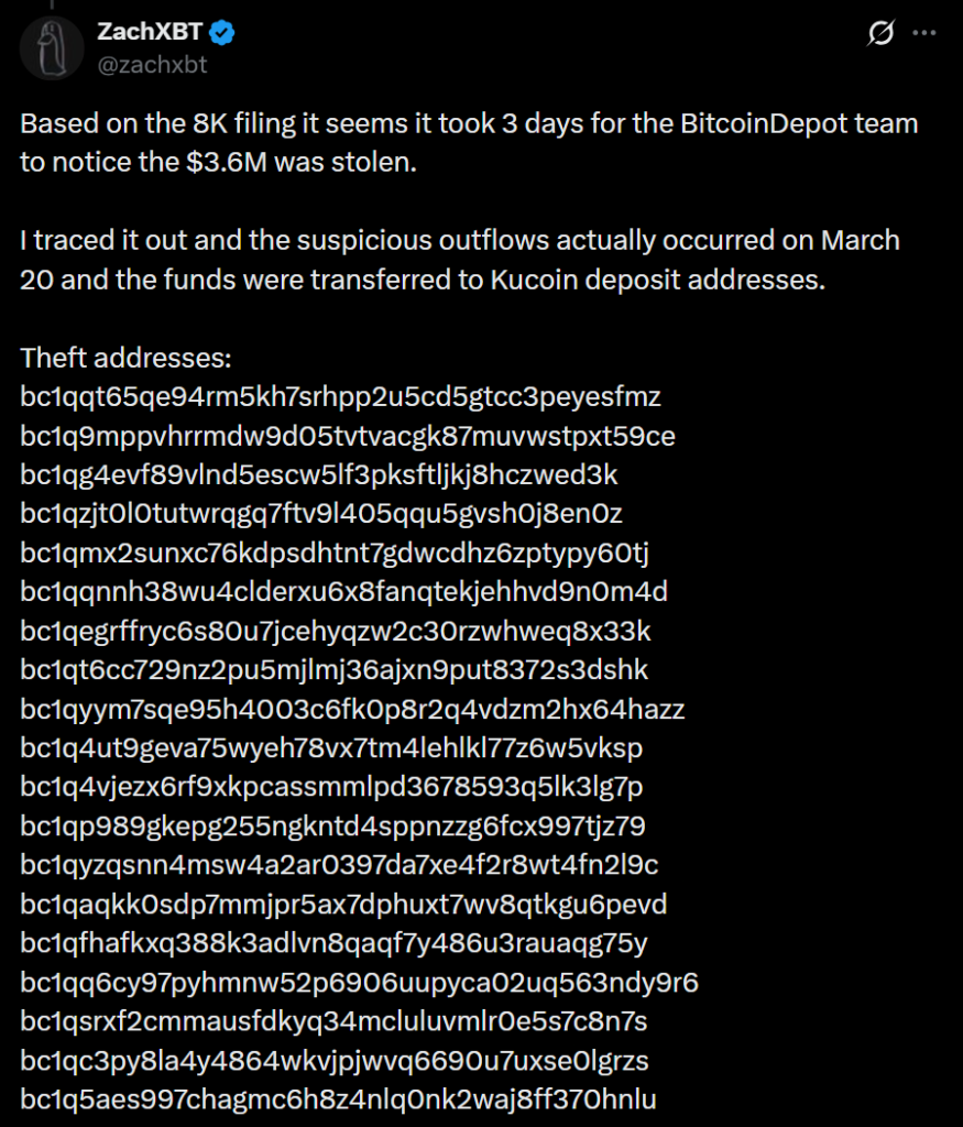 Bitcoin Depot Hack: ATM Operator Took 3 Days to Detect $3.6 Million Theft Bitcoin Depot Hack: ATM Operator Took 3 Days to Detect $3.6 Million Theft: The largest U.S. crypto ATM operator disclosed a March 23 breach after attackers stole 50.9 BTC using compromised credentials.