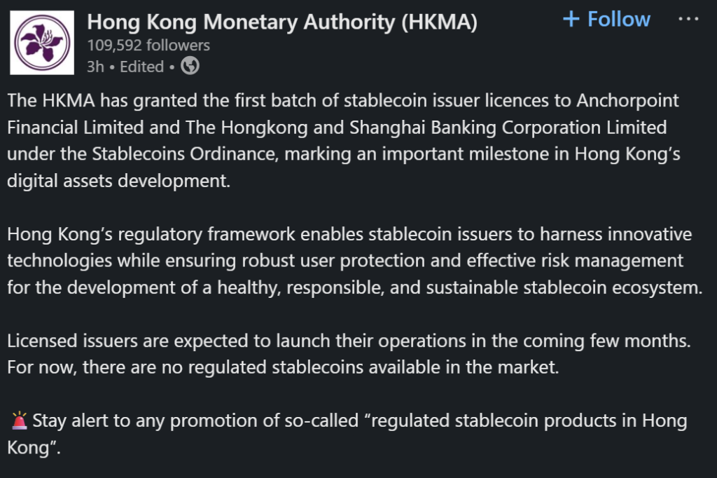 Hong Kong Stablecoin First Licences Granted to HSBC & Standard Chartered-Backed Anchorpoint Hong Kong Stablecoin First Licences Granted to HSBC & Standard Chartered-Backed Anchorpoint: The HKMA issues inaugural approvals under the Stablecoins Ordinance, targeting an HKD-backed token launch in Q2 2026.
