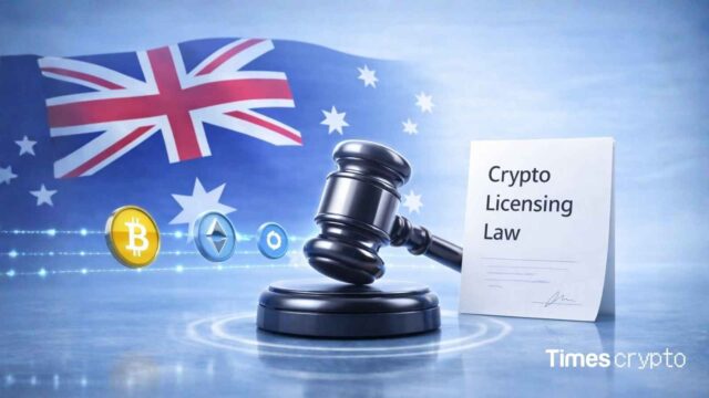 Gavel with cryptocurrency symbols and law. Australia’s New Crypto Licensing Law Brings Crypto Firms Under Financial Services Rules