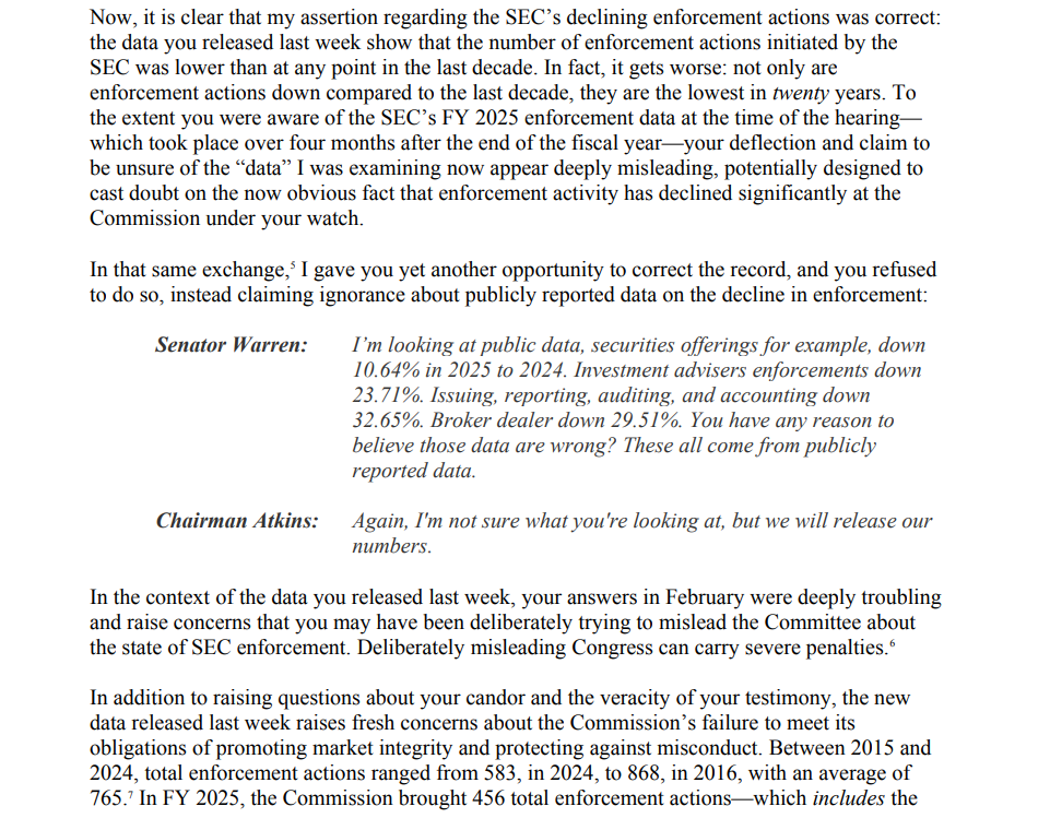 SEC’s Atkins May Have Misled Congress on Agency Enforcement Data, Senator Warren Says 2 image 299