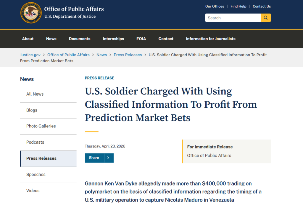 U.S. Soldier Charged with Insider Trading on Polymarket Using Classified Intel on Maduro's Capture U.S. Soldier Charged with Insider Trading on Polymarket Using Classified Intel on Maduro's Capture: Army Master Sergeant Gannon Van Dyke allegedly bet USD 33,000 on the operation's success, pocketing over USD 400,000 in illegal profits.