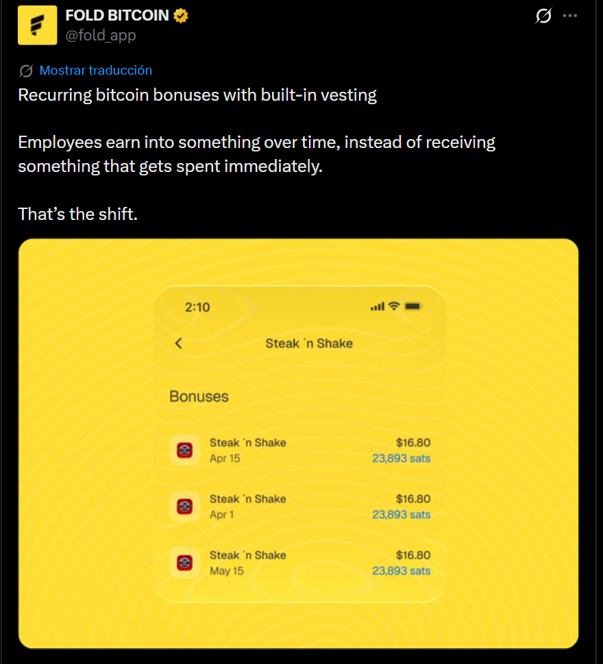 Fold Launches Bitcoin Bonus Program for Employers, Transforming Retention with BTC Rewards Fold Launches Bitcoin Bonus Program for Employers, Transforming Retention with BTC Rewards: Steak 'n Shake and Simple Mining are the first partners, offering hourly and salaried employees recurring bitcoin bonuses with built-in vesting.