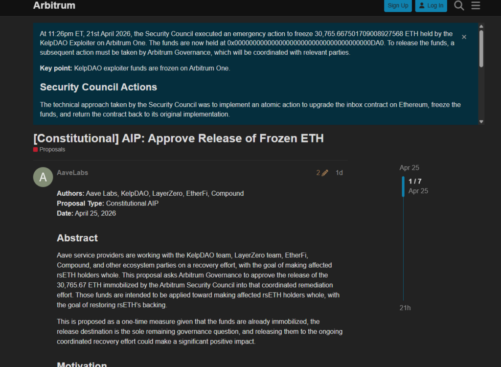 DeFi United: Aave Proposes Arbitrum Send $73.5 Million in Frozen ETH DeFi United: Aave Proposes Arbitrum Send $73.5 Million in Frozen ETH: The cross-protocol effort has already raised over USD 230 million, with another USD 215 million pledged pending governance votes.