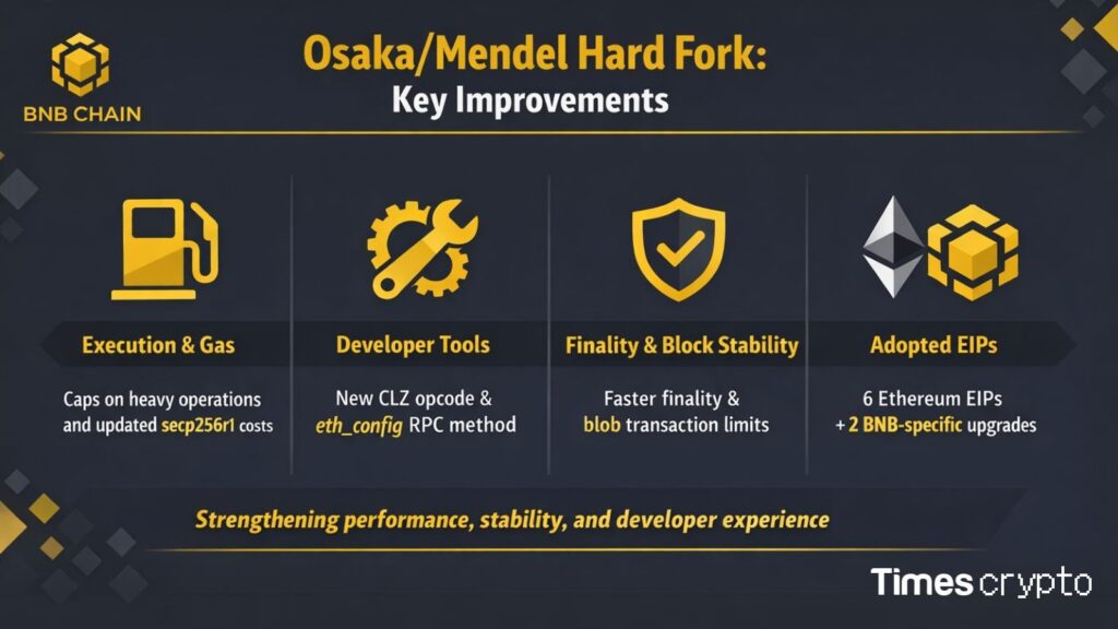 Osaka/Mendel Hard Fork Arrives April 28, Tightening BNB Chain’s Sub-Second Performance Osaka/Mendel Hard Fork Arrives April 28, Tightening BNB Chain’s Sub-Second Performance: The upgrade adopts 6 Ethereum EIPs and 2 BNB-native BEPs, refining gas costs, block limits, and fast finality.